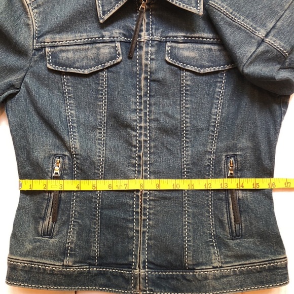 Vintage Elie Tahari Tapered Fitted Blue Denim Jacket Faux Leather Women's Small - Picture 10 of 16